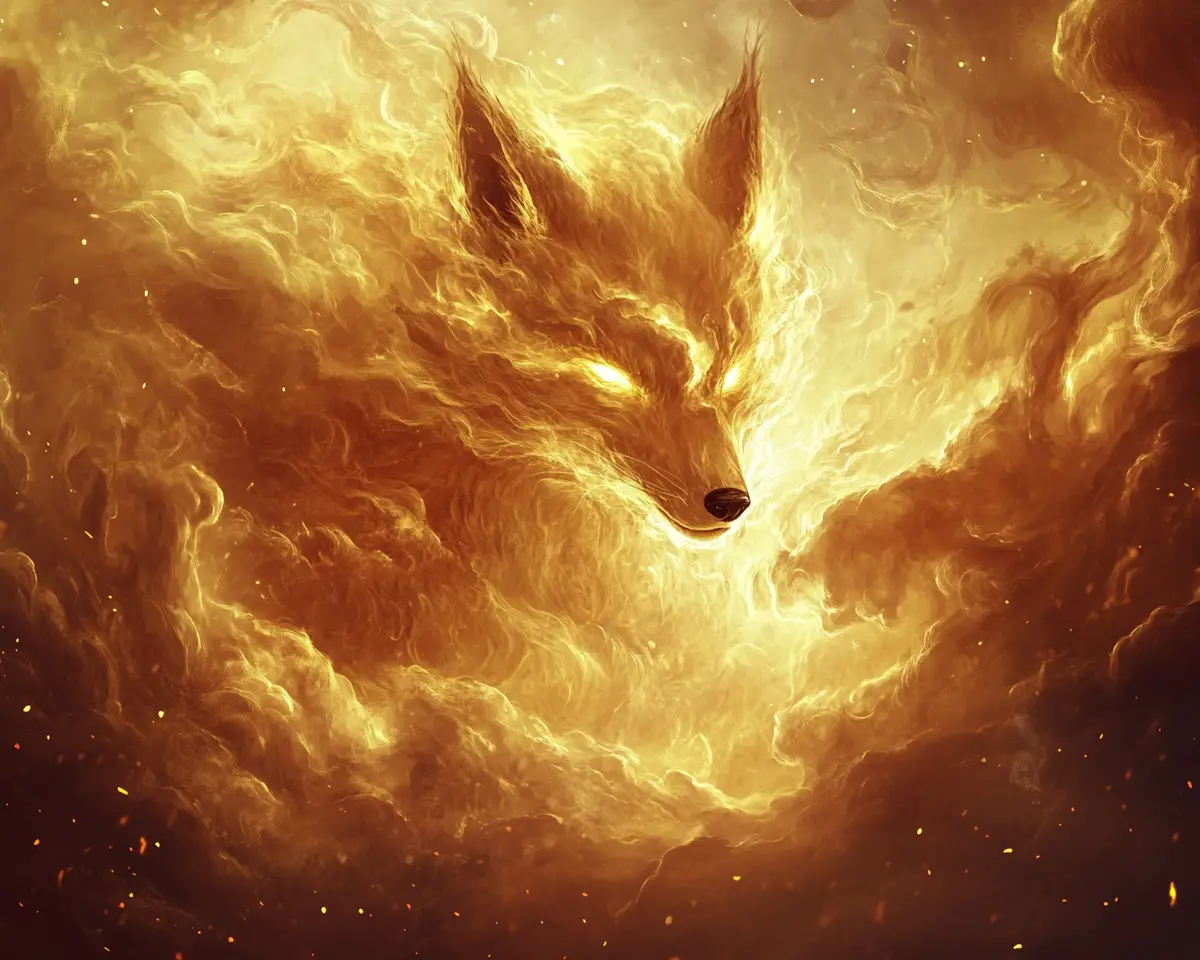 Majestic Golden Fox Spirit Emerging From Swirling Sky