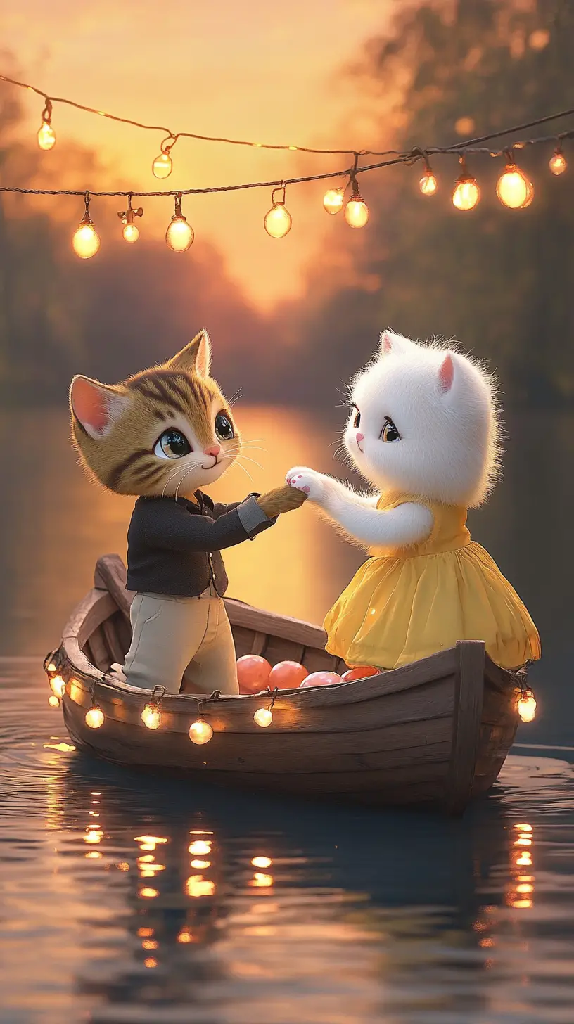 Romantic kittens holding paws in a lantern lit boat