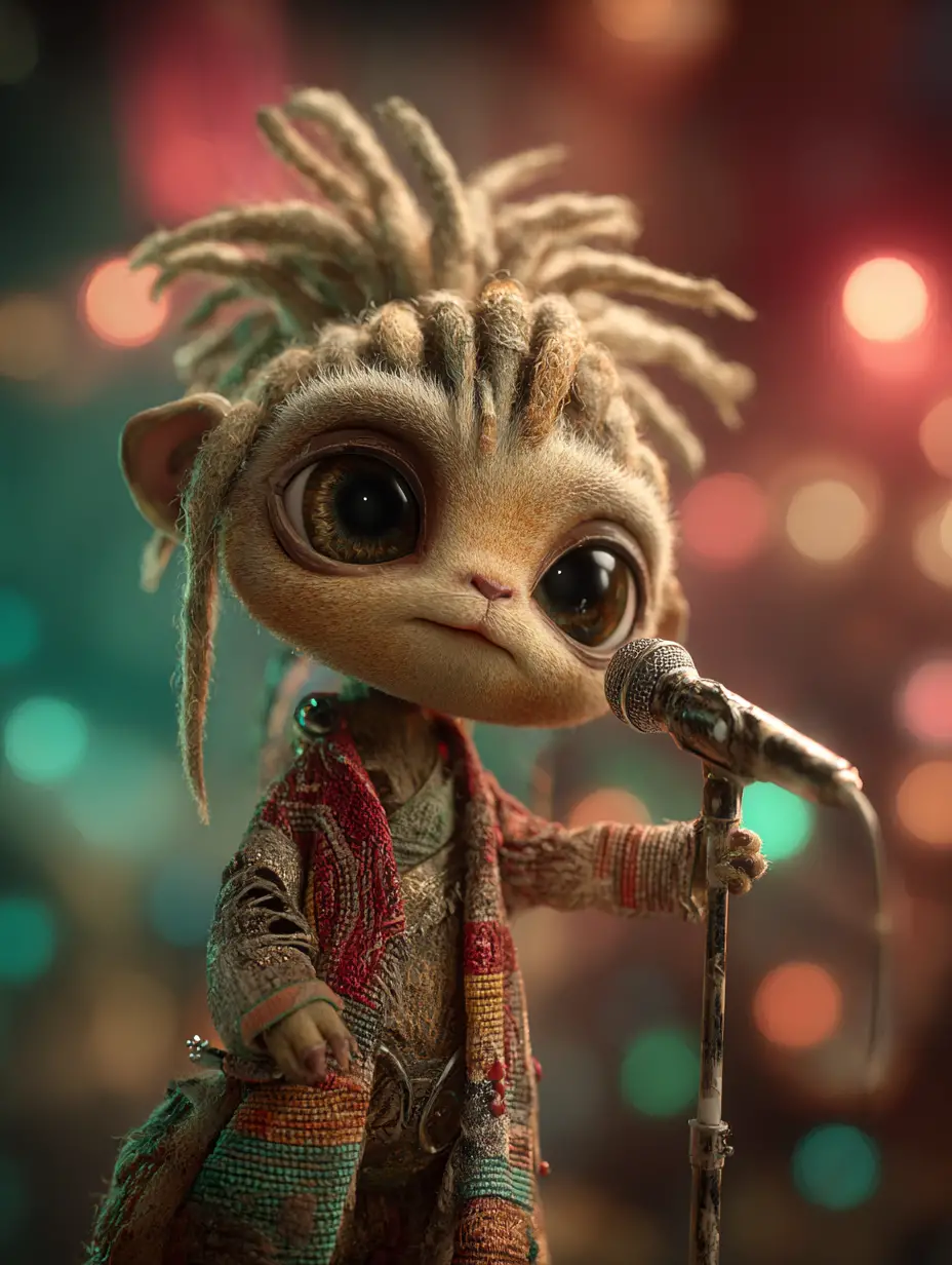 Rasta singer performing as tiny humanoid on stage