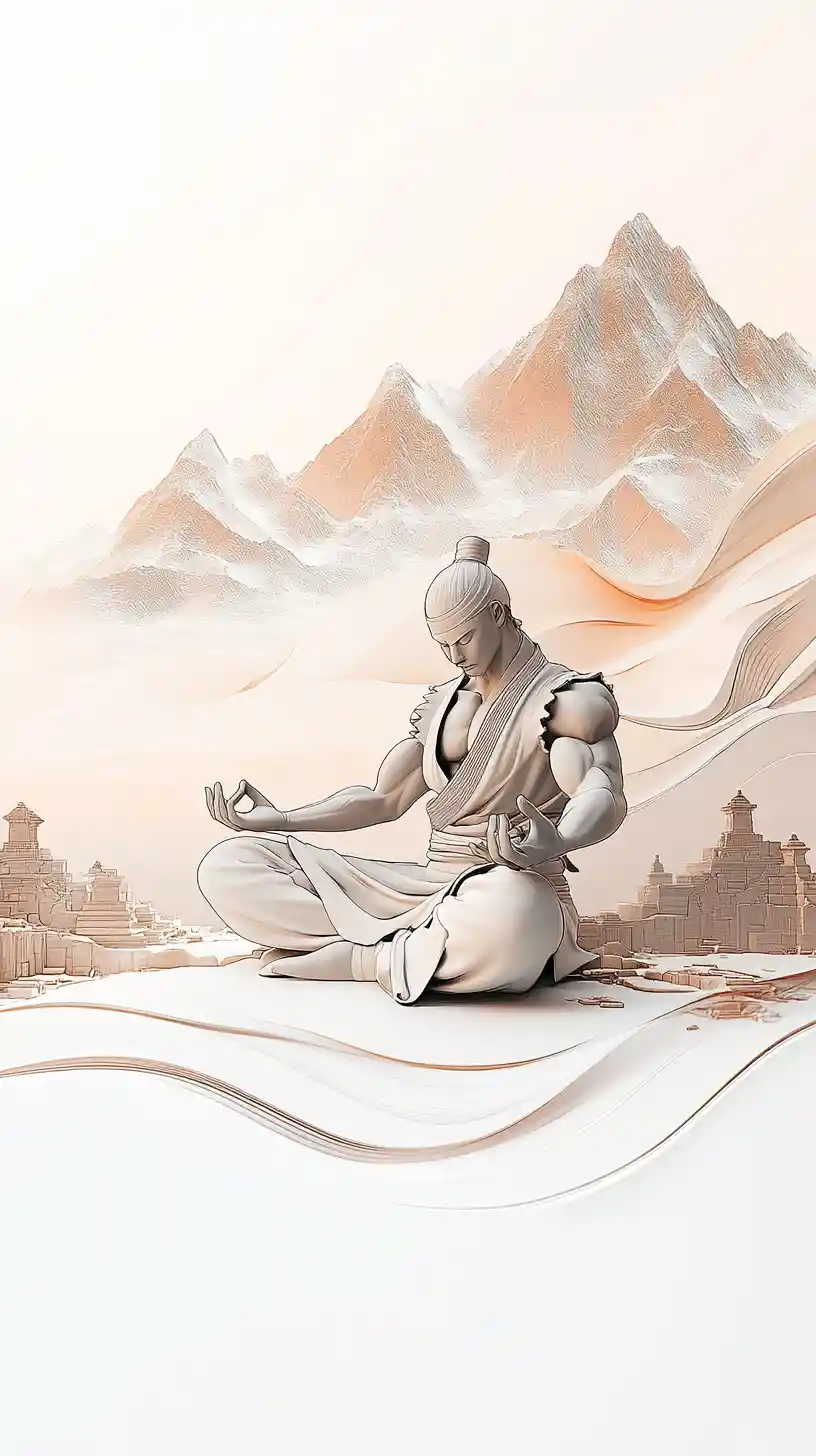 Meditating fighter levitating in ancient mountain ruins at dawn
