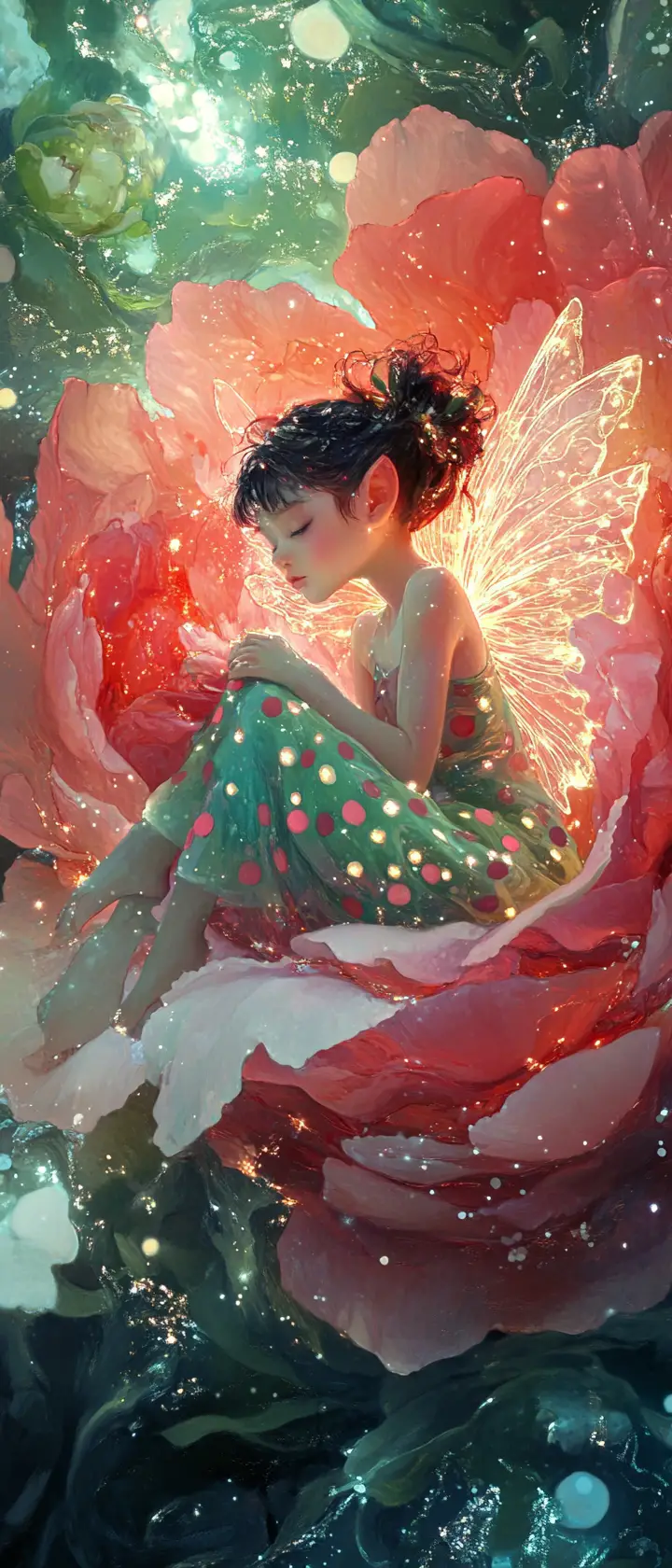 Cute ginger fairy girl inside a giant peony flower