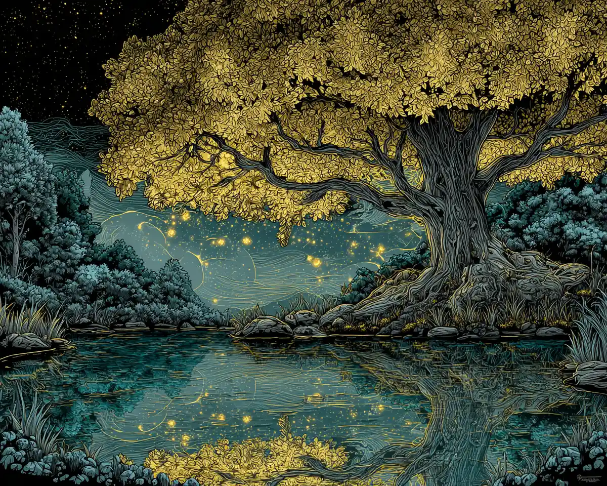 Ethereal water nymph illuminated by ancient glowing tree
