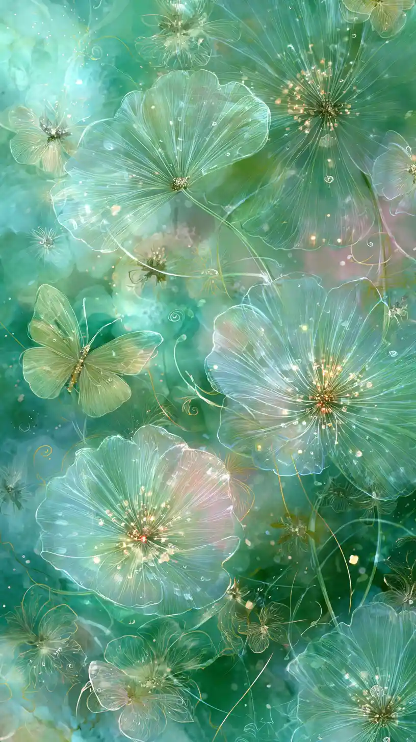 Ethereal transparent flowers and butterflies on soft green