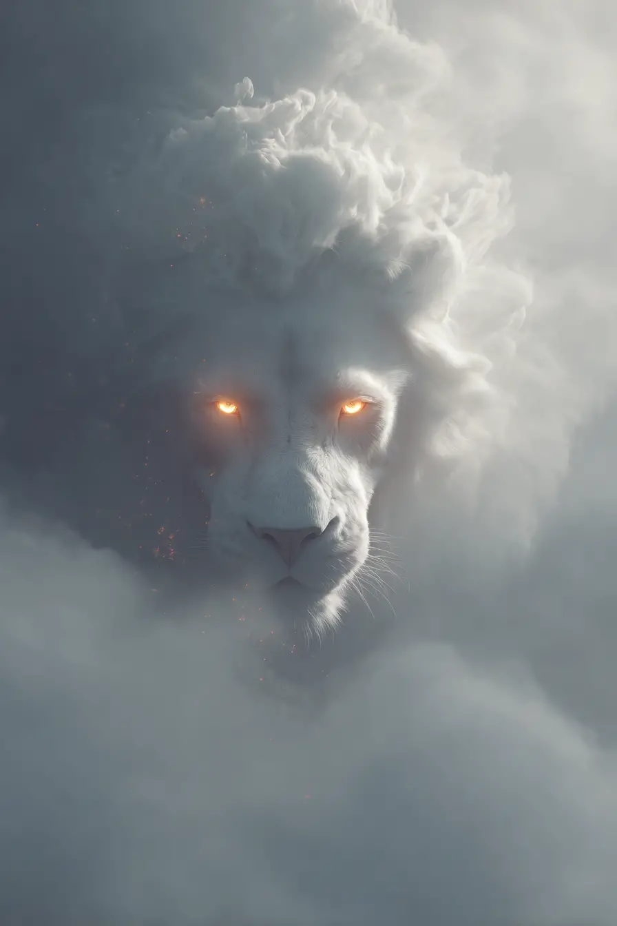 Ghostly lion of smoke descending over a white field