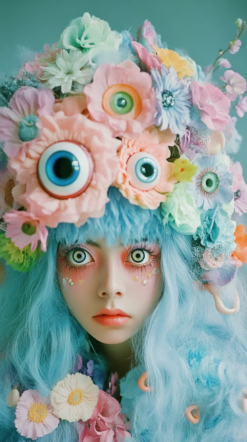 Surreal women with monster wigs in dreamy pastel portrait