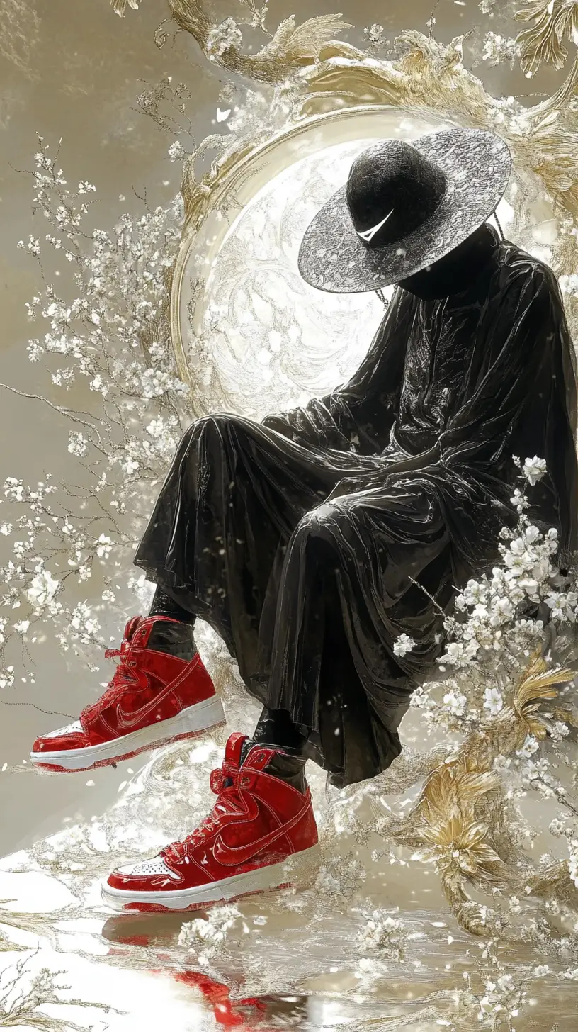 Korean modern grim reaper in black hanbok and sneakers