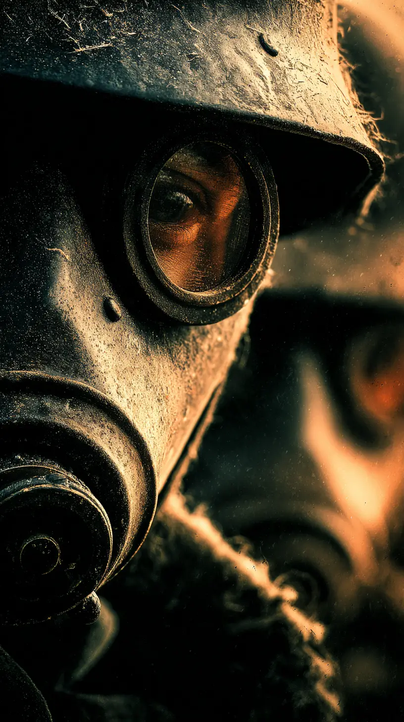 World War gas mask poster with ruined city reflection