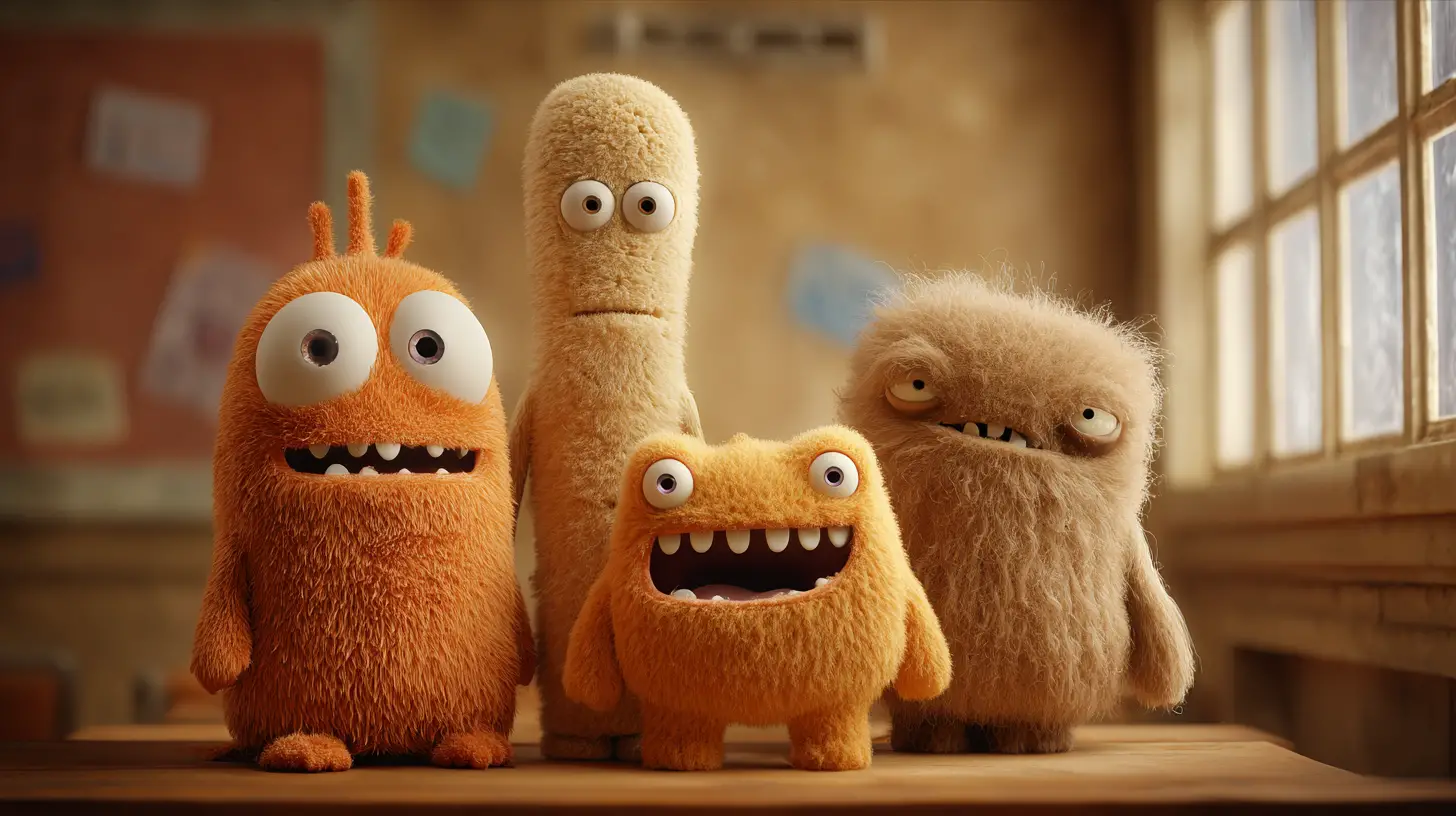 Cute little cartoon monsters in a vintage classroom scene