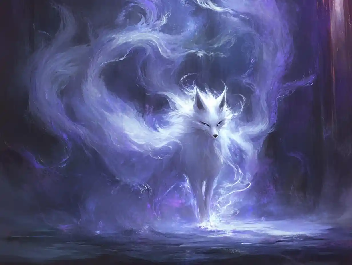Mystical nine tailed fox in an indigo painted room
