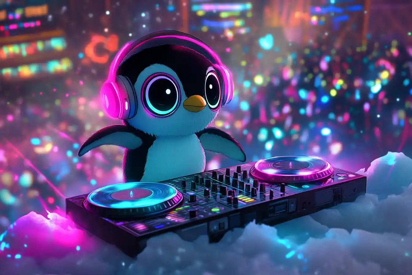 Dolce pinguino DJ chibi con cuffie al neon sul palco