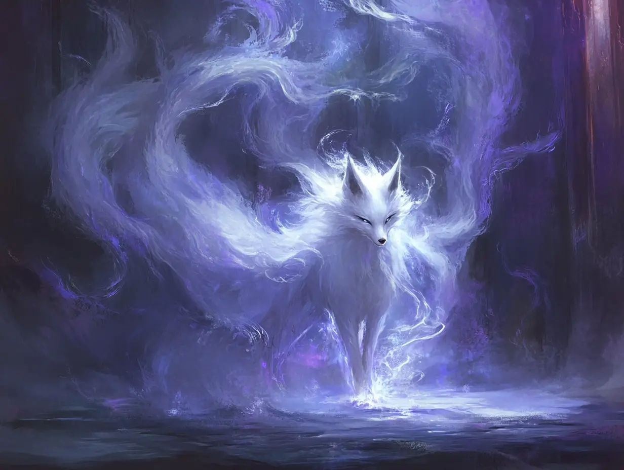 Mystical nine tailed fox in an indigo painted room