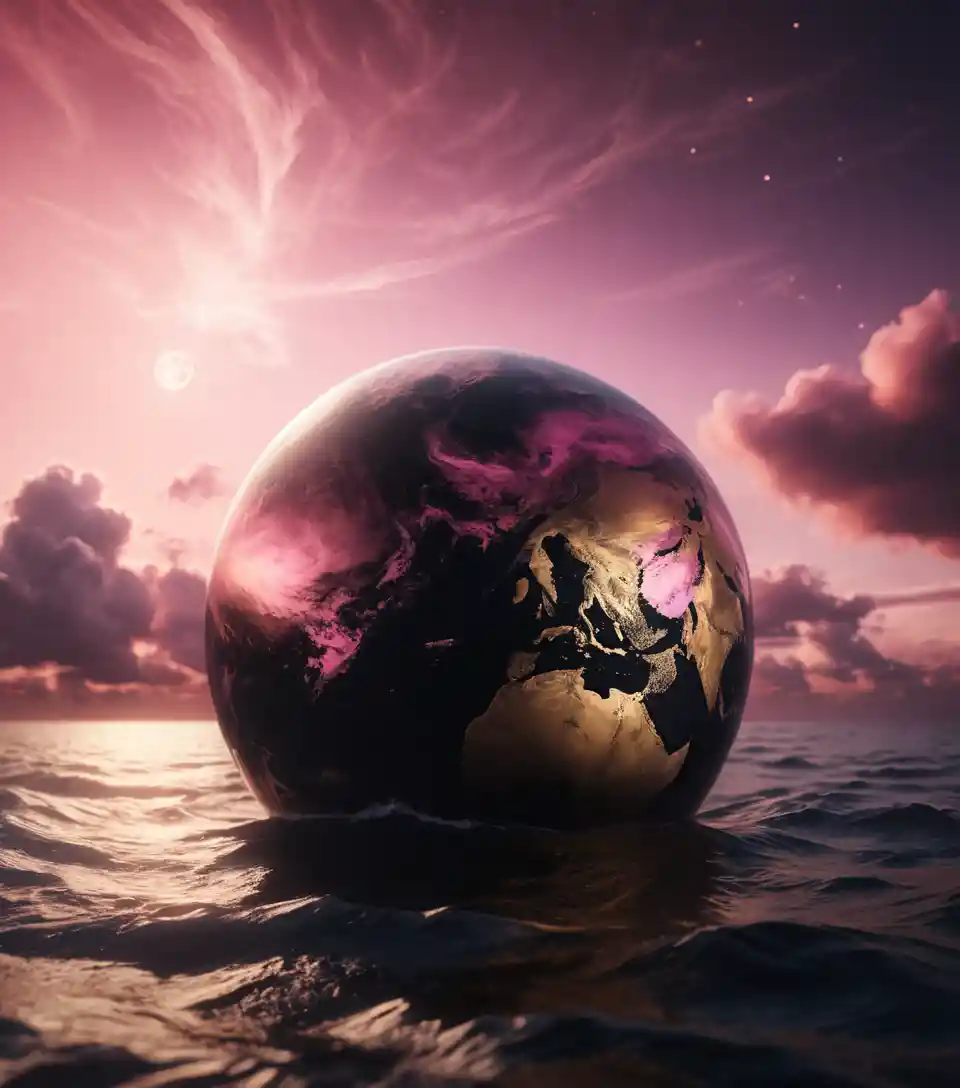Pink black and gold planet with glowing clouds