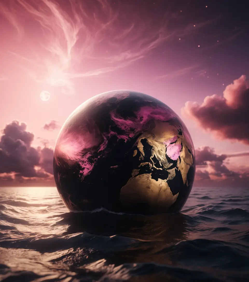 Pink black and gold planet with glowing clouds