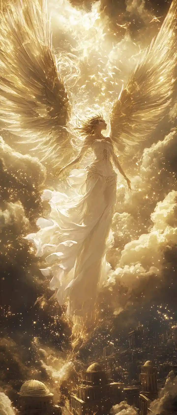 Celestial goddess with wings descending through golden clouds