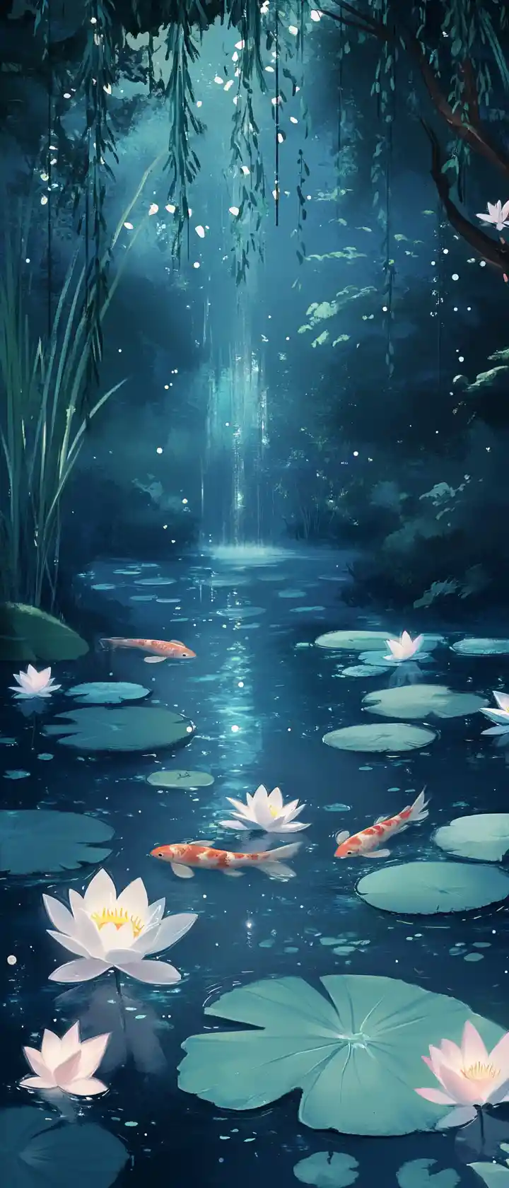 黃昏中發光蓮花的動漫風睡蓮池