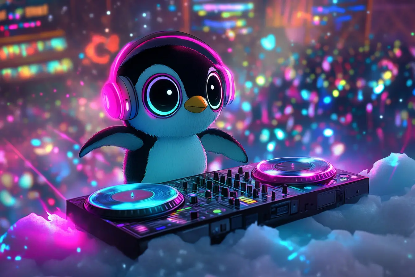Cute Chibi Penguin DJ With Neon Headphones On Stage