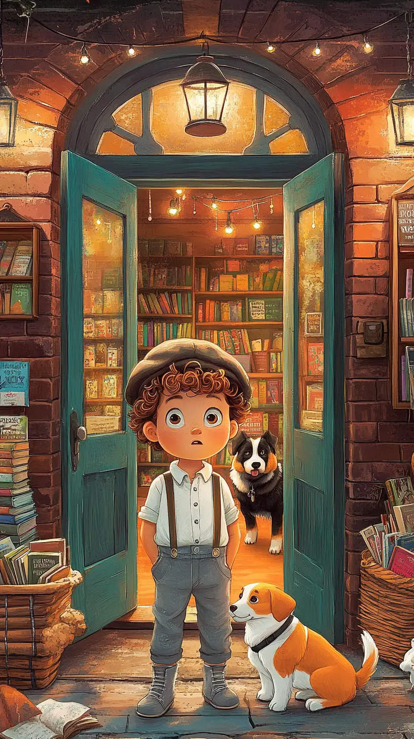 Young boy standing at the door of a cozy bookstore
