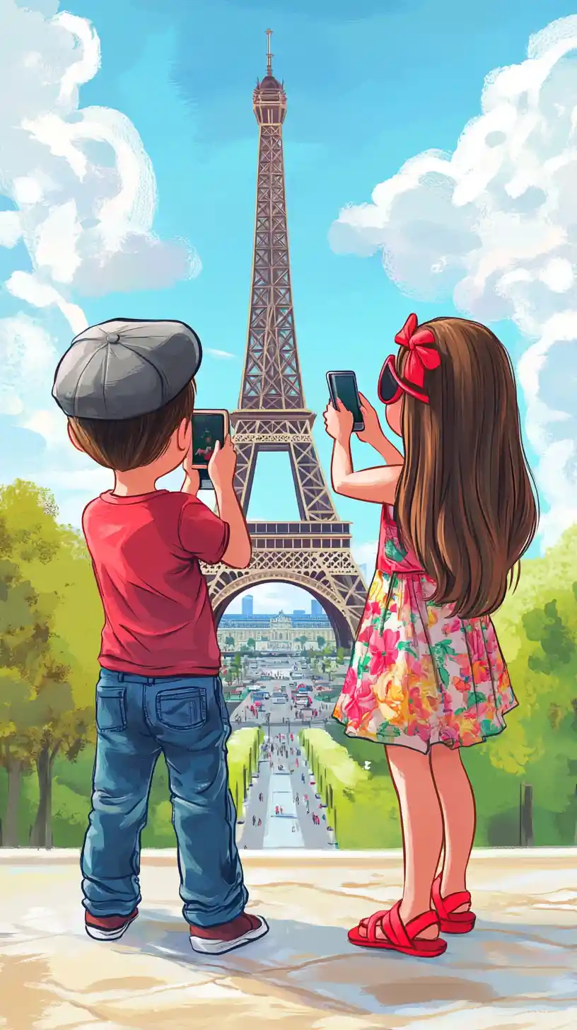 Two Kids Photographing The Eiffel Tower In Paris