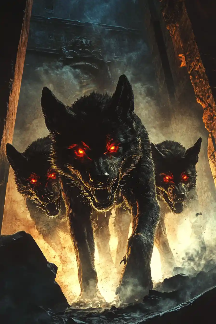 Three headed cerberus guarding the dark underworld gates