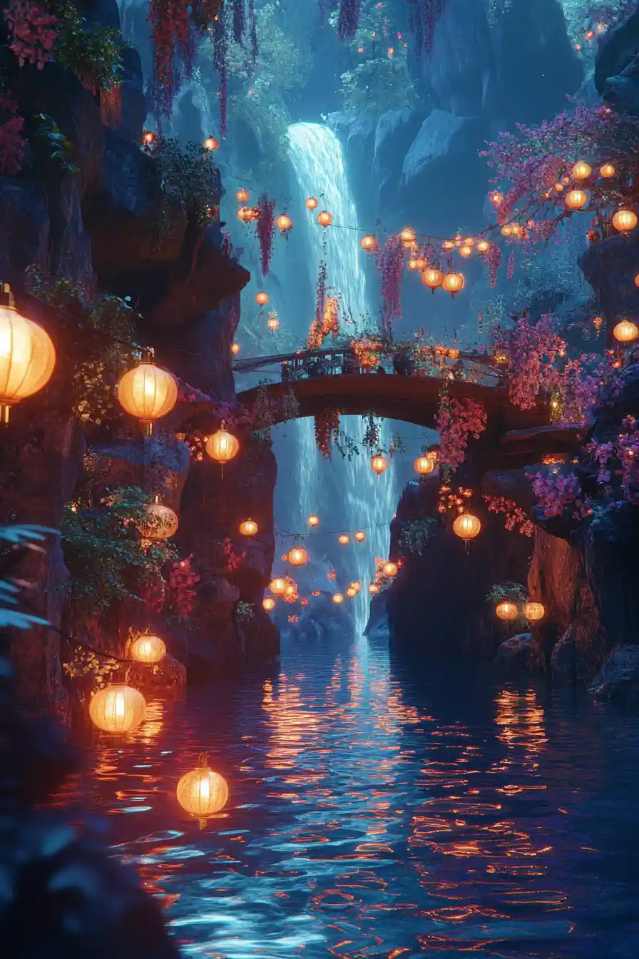 Magical glowing waterfall with lanterns and crystal lights