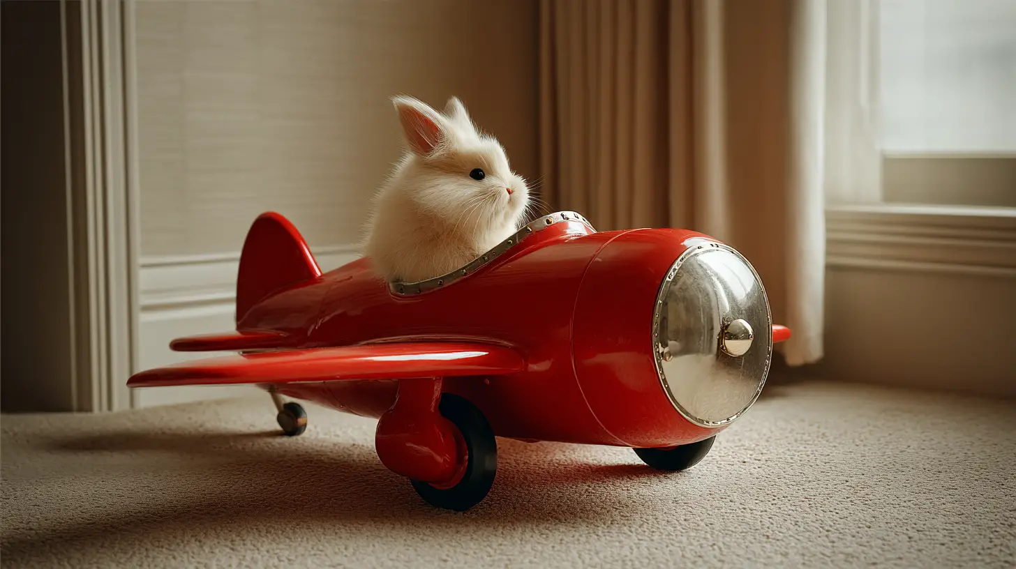 Cute red toy fighter plane with fluffy rabbit pilot