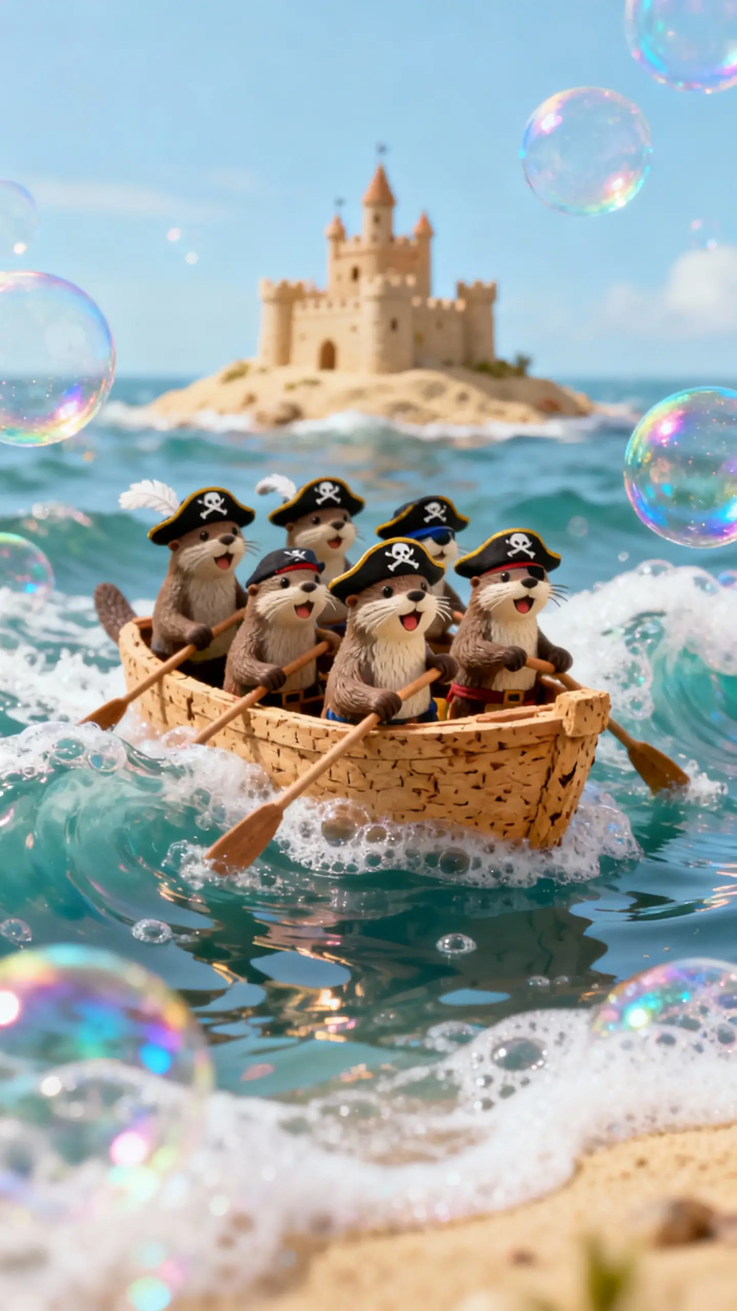 Otter pirates rowing a cork boat through bubble waves