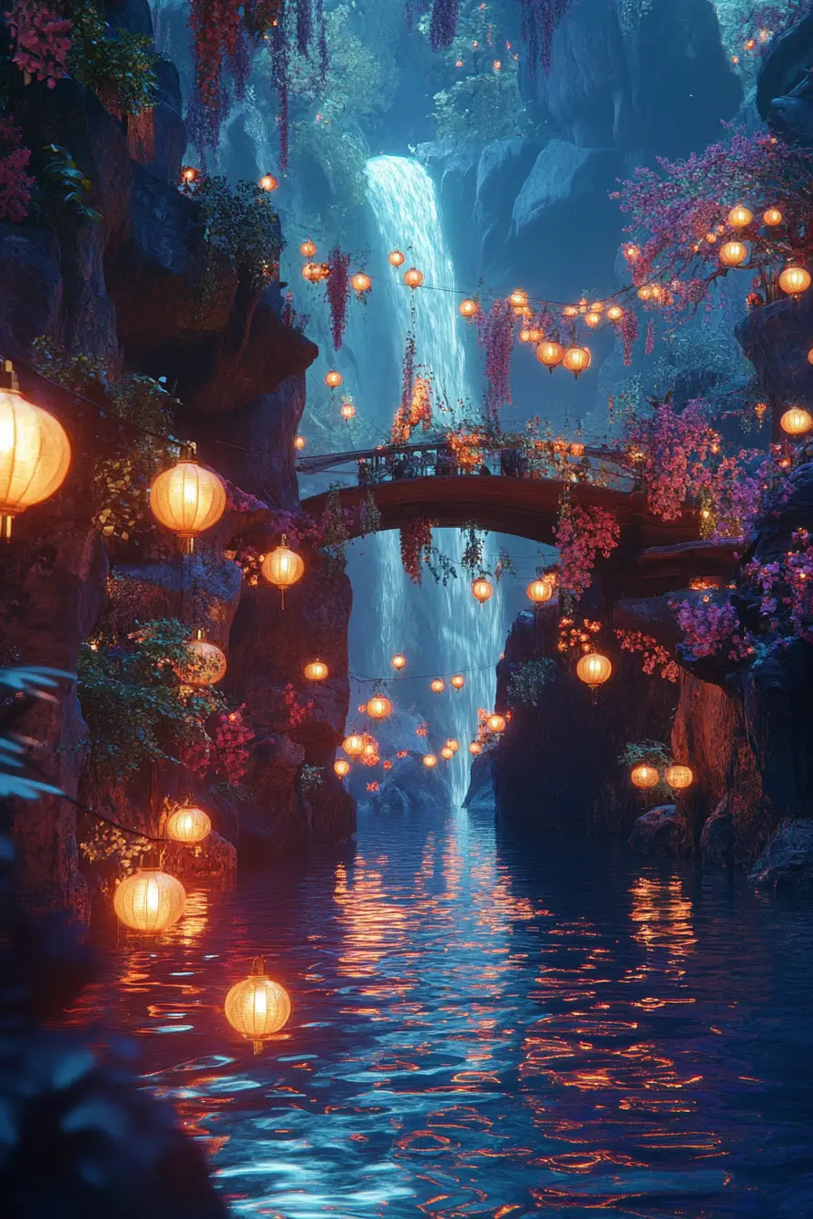 Magical glowing waterfall with lanterns and crystal lights