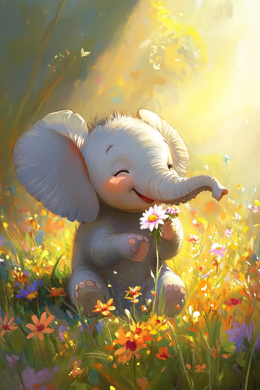 Cute baby elephant in a sunny wildflower field
