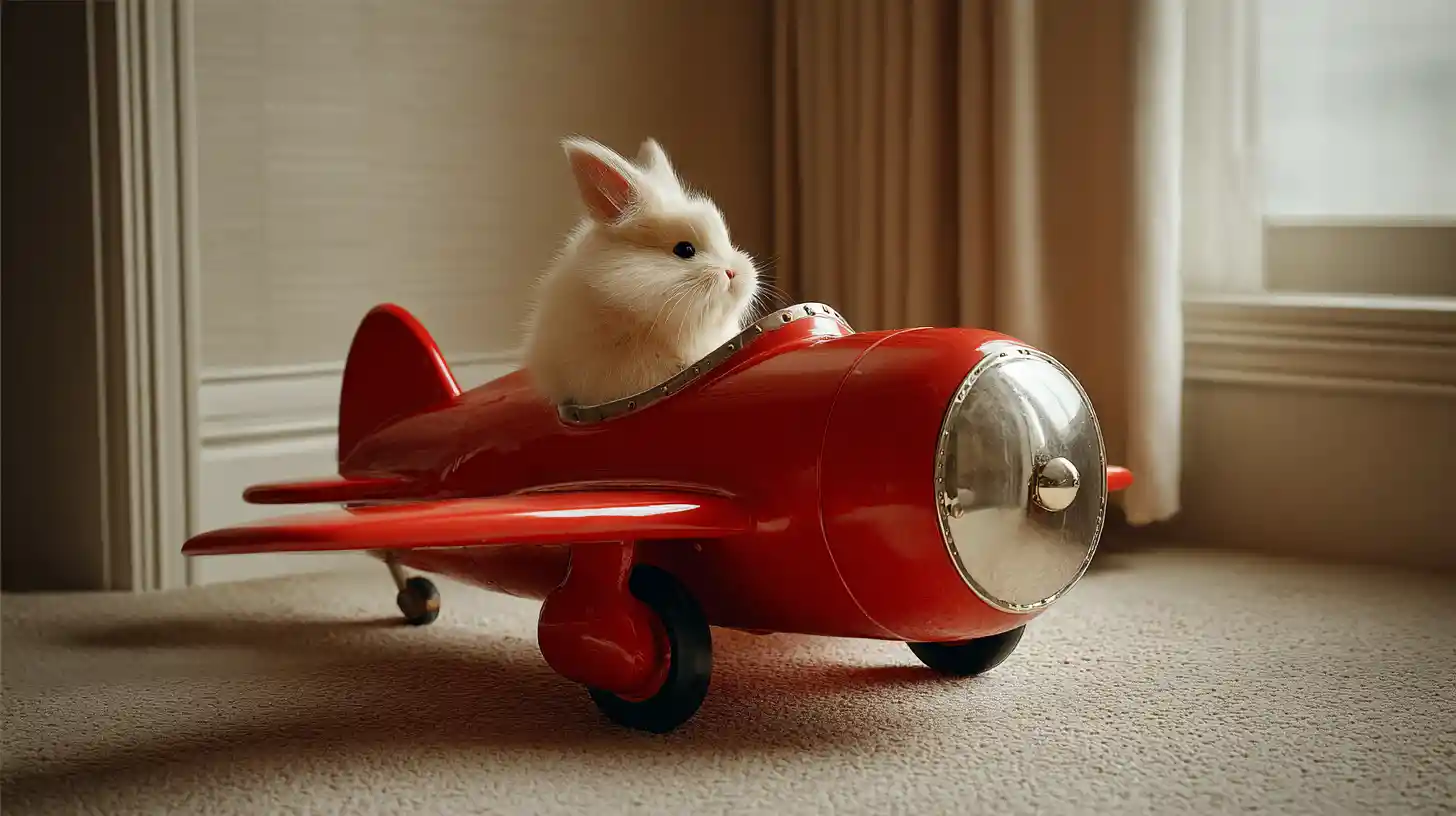 Cute red toy fighter plane with fluffy rabbit pilot