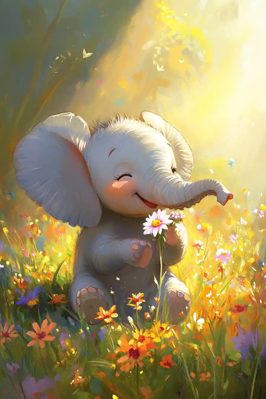 Cute baby elephant in a sunny wildflower field