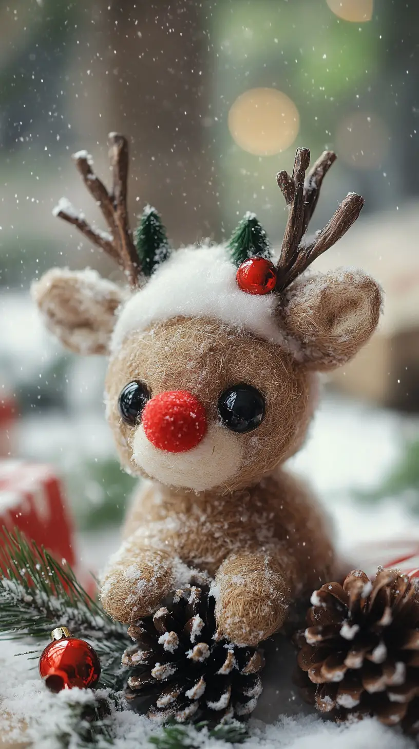Handcrafted pinecone reindeer on snowy christmas gift