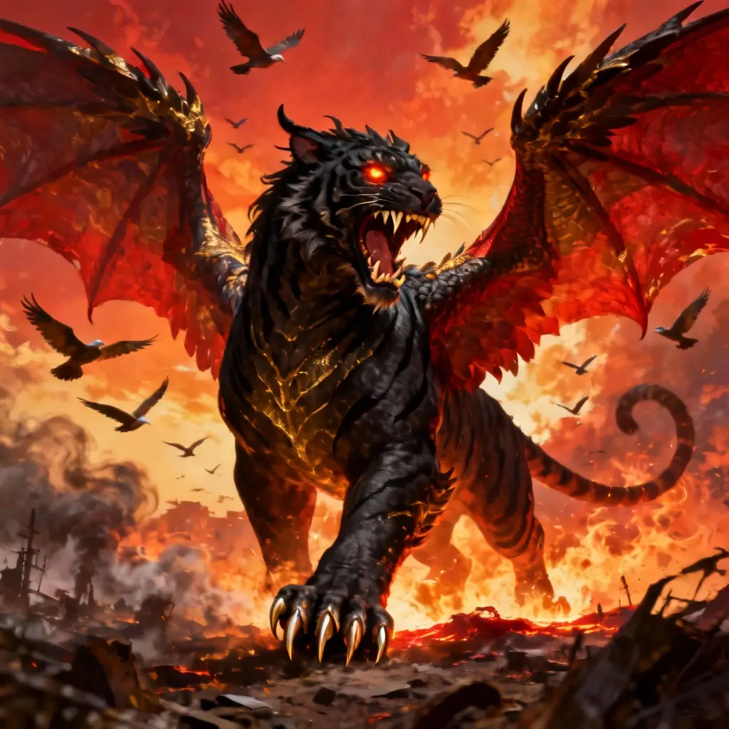 Winged dragon beast rising over fiery wasteland sky