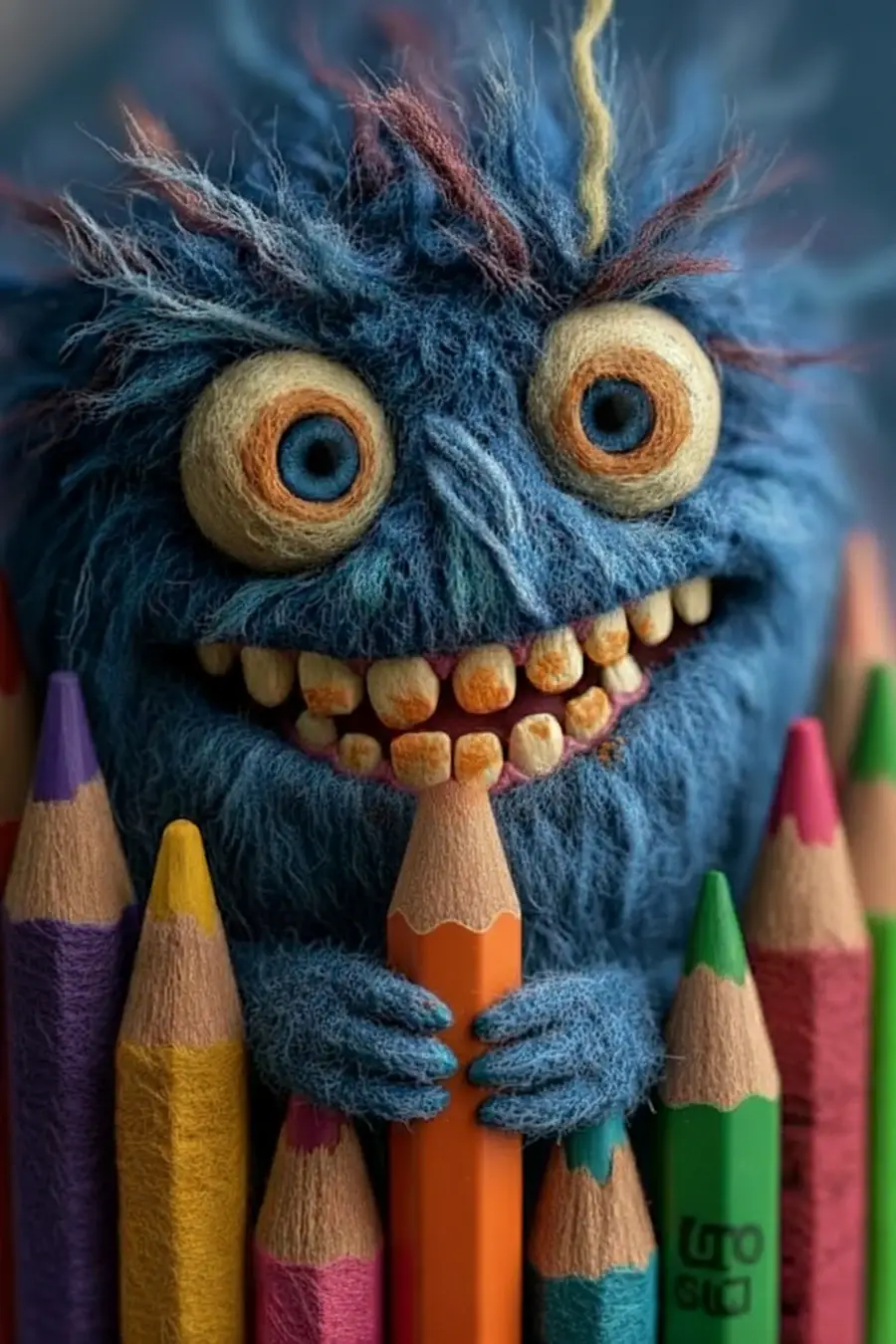 Goofy blue puppet creature with pencils in soft focus