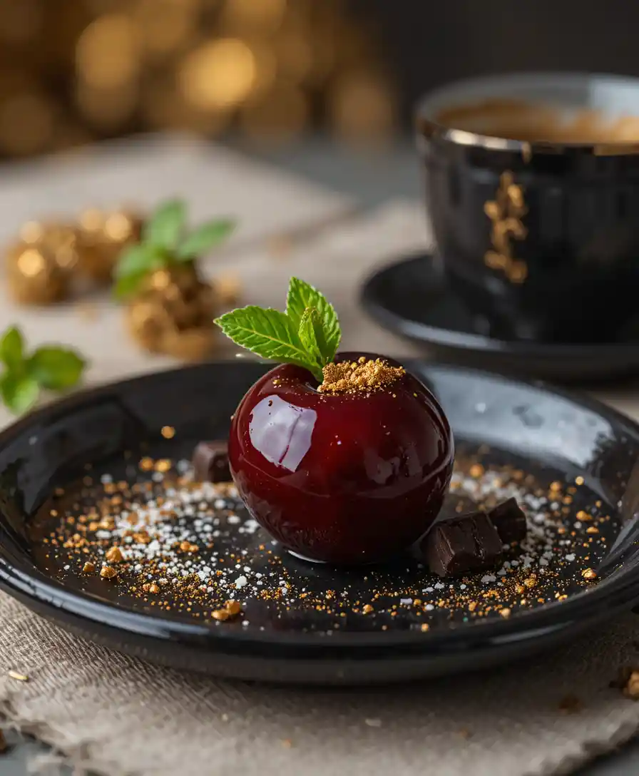 Kirschdessert mit Schokolade und Kaffee auf schwarzem Teller