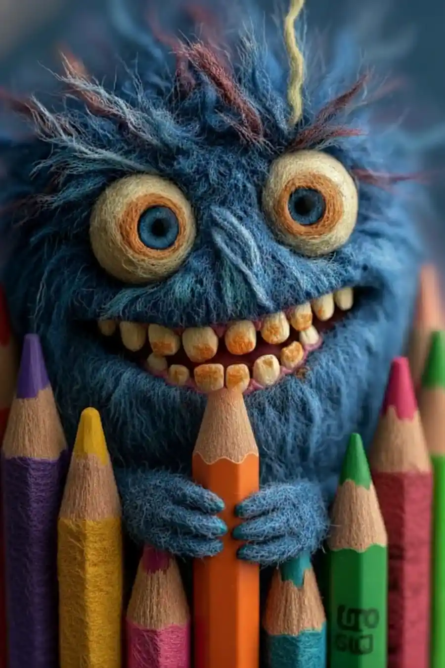 Goofy blue puppet creature with pencils in soft focus