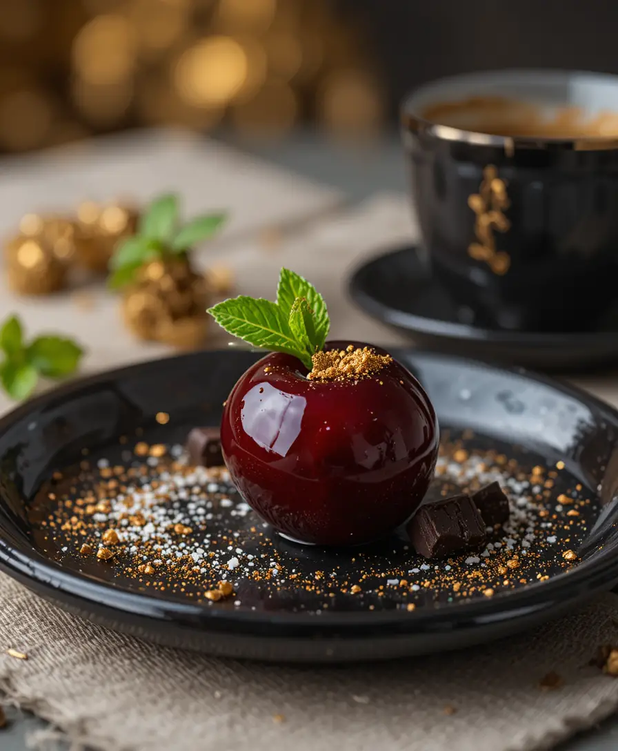 Cherry dessert with chocolate and coffee on black plate