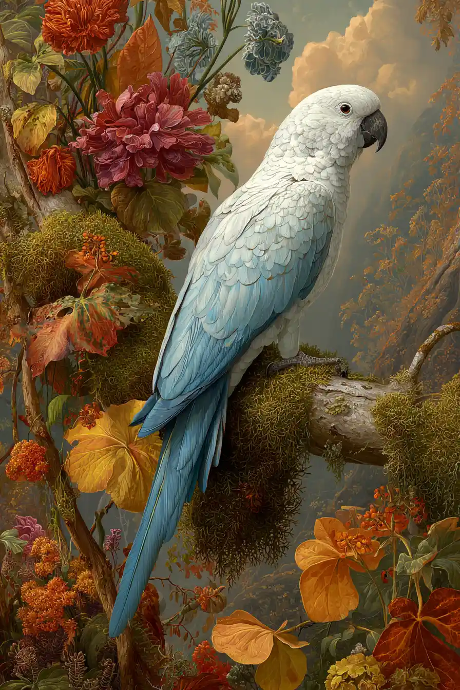 Surreal parrot on mossy autumn tree with flowers
