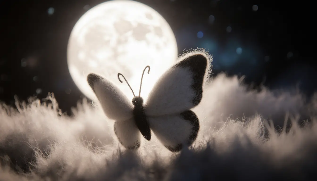 Woolen Butterfly Miniature Under A Glowing Full Moon