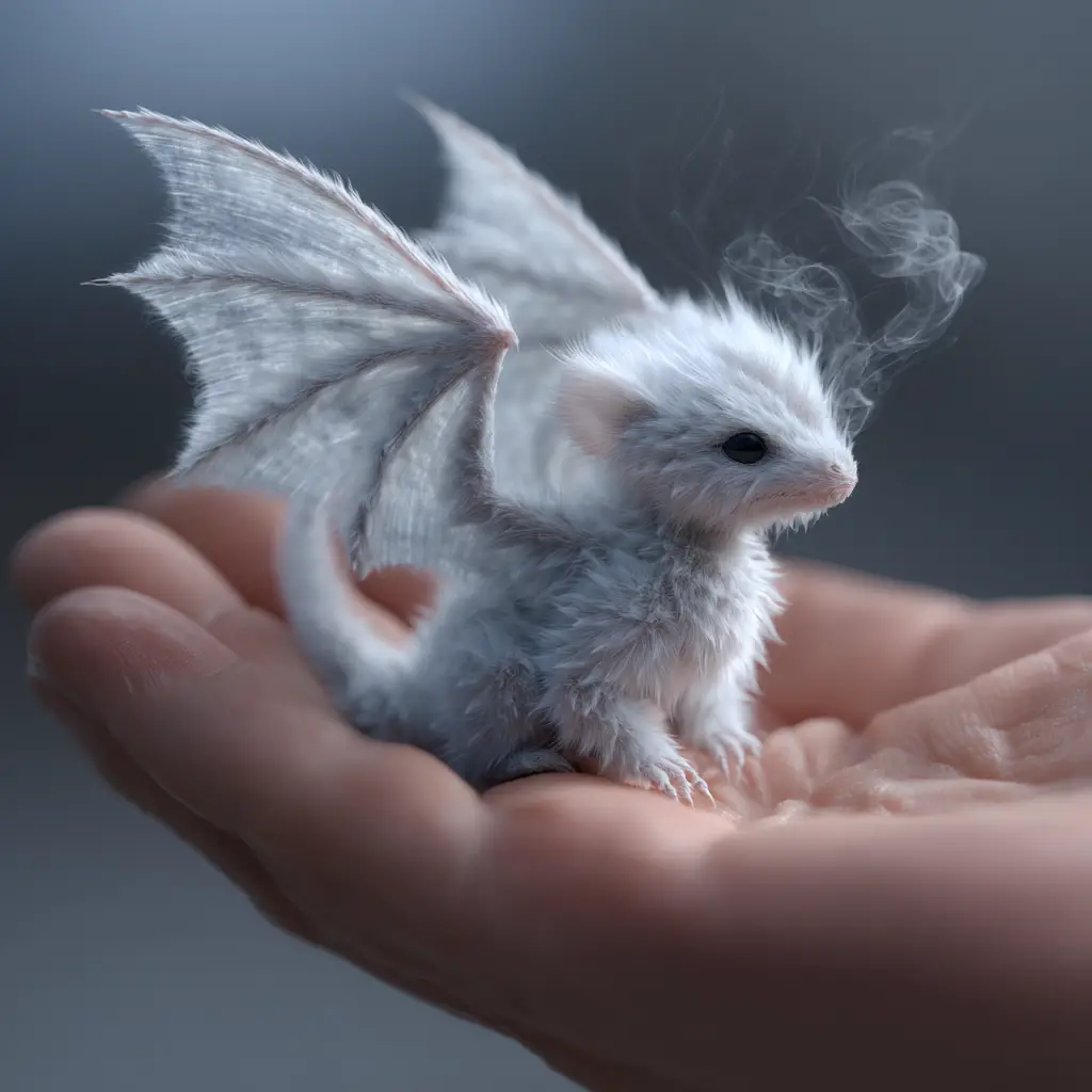Tiny fluffy winter dragon resting in a human hand