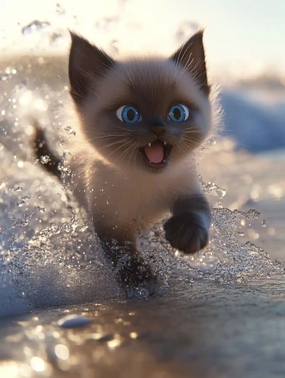Playful siamese kitten running along glowing sandy beach