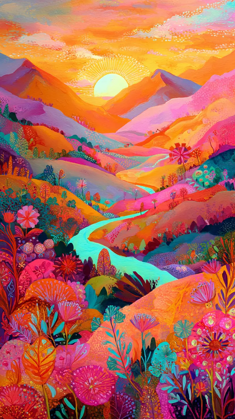 Whimsical mountain landscape at sunset with blooming flowers