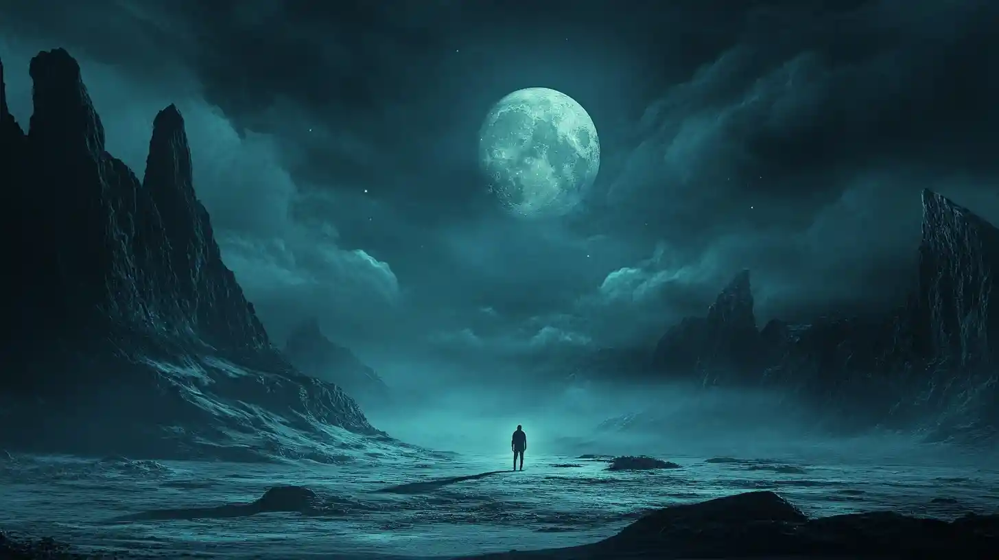 Lone figure in a surreal moonlit dream landscape