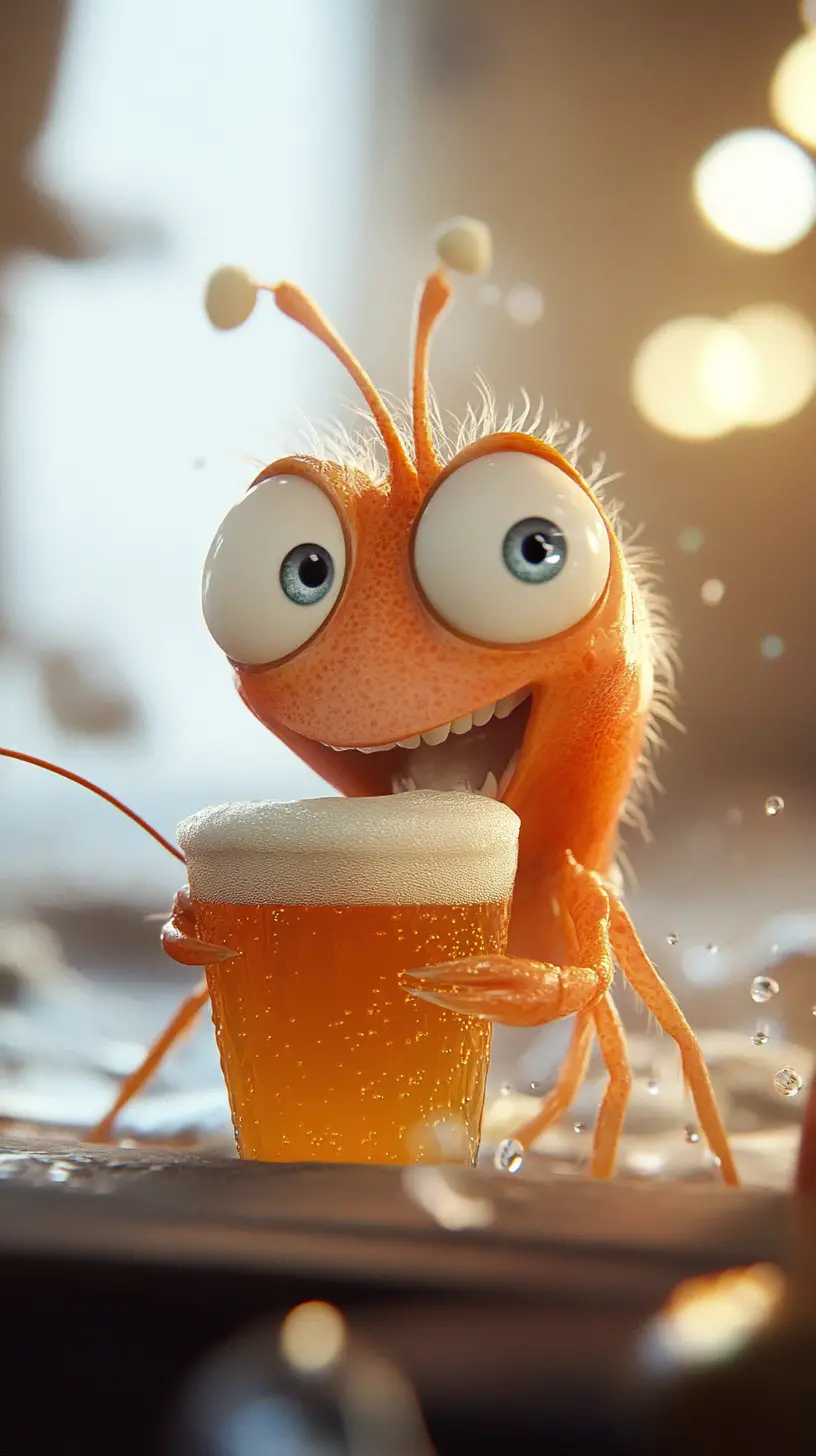 Close up cartoon shrimp sipping beer by the ocean