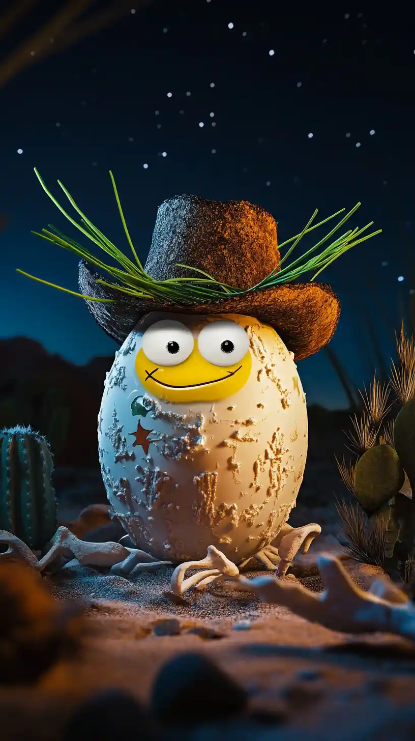 Laughing ostrich egg character in a moonlit desert