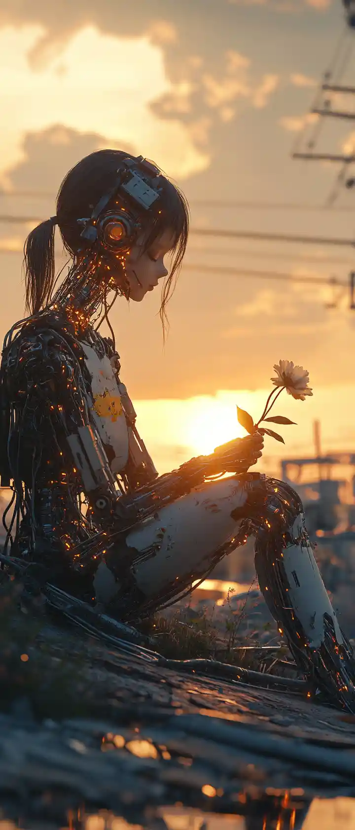 Broken android girl in a junkyard at sunrise