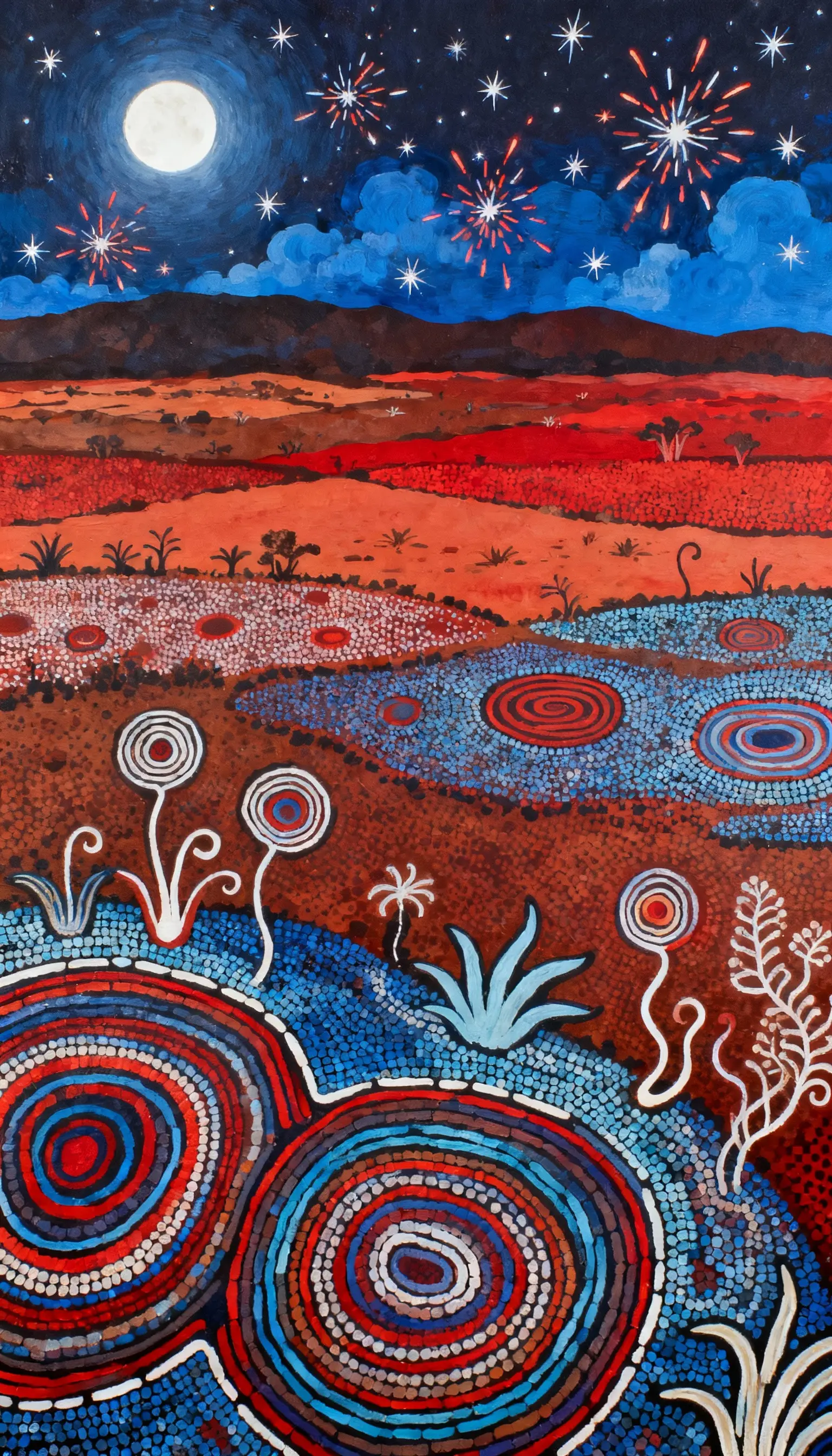 Abstract dreamtime landscape with moon and stars