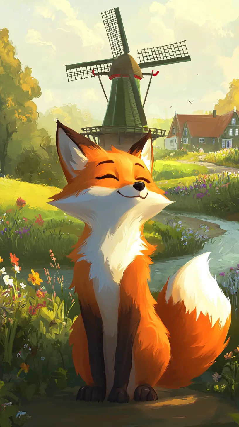 Cheerful Cartoon Fox In A Dutch Countryside Scene
