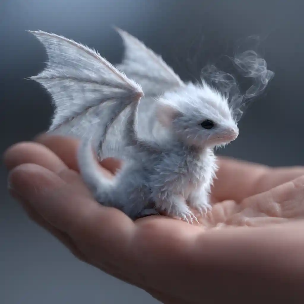 Minuscule dragon d’hiver duveteux reposant dans une main humaine
