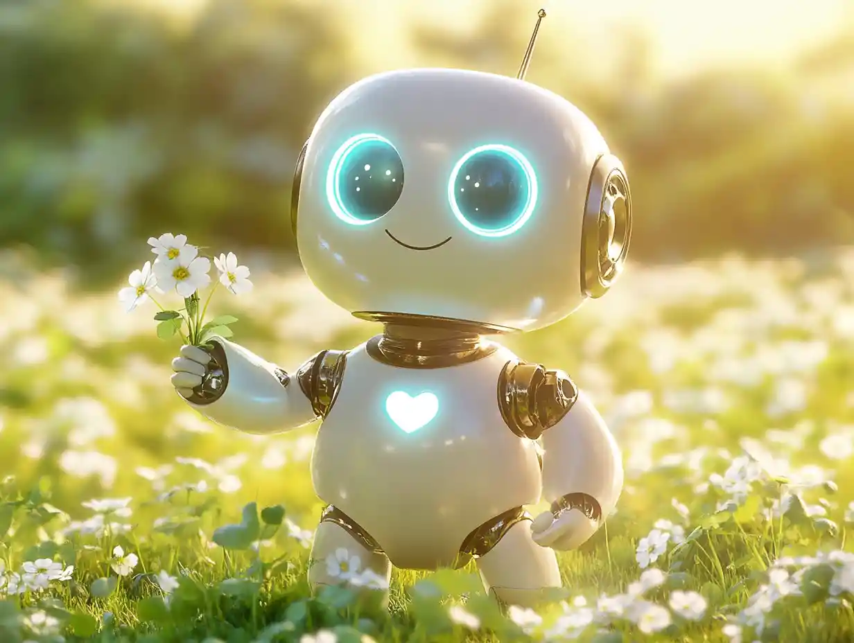 Cheerful Little Robot Waving In A Sunny Clover Meadow