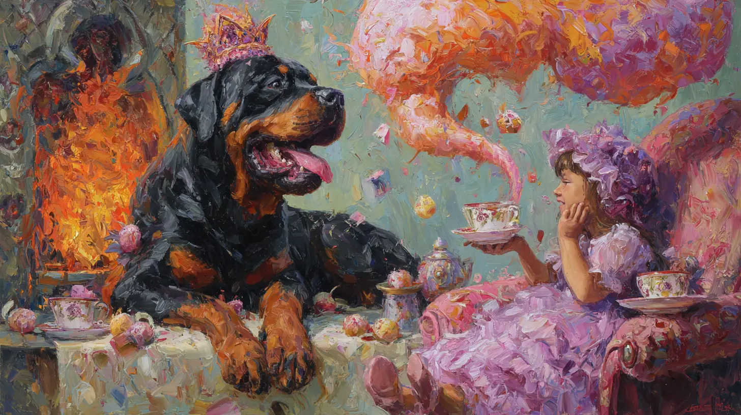 Whimsical tea party with giant dog on a toadstool